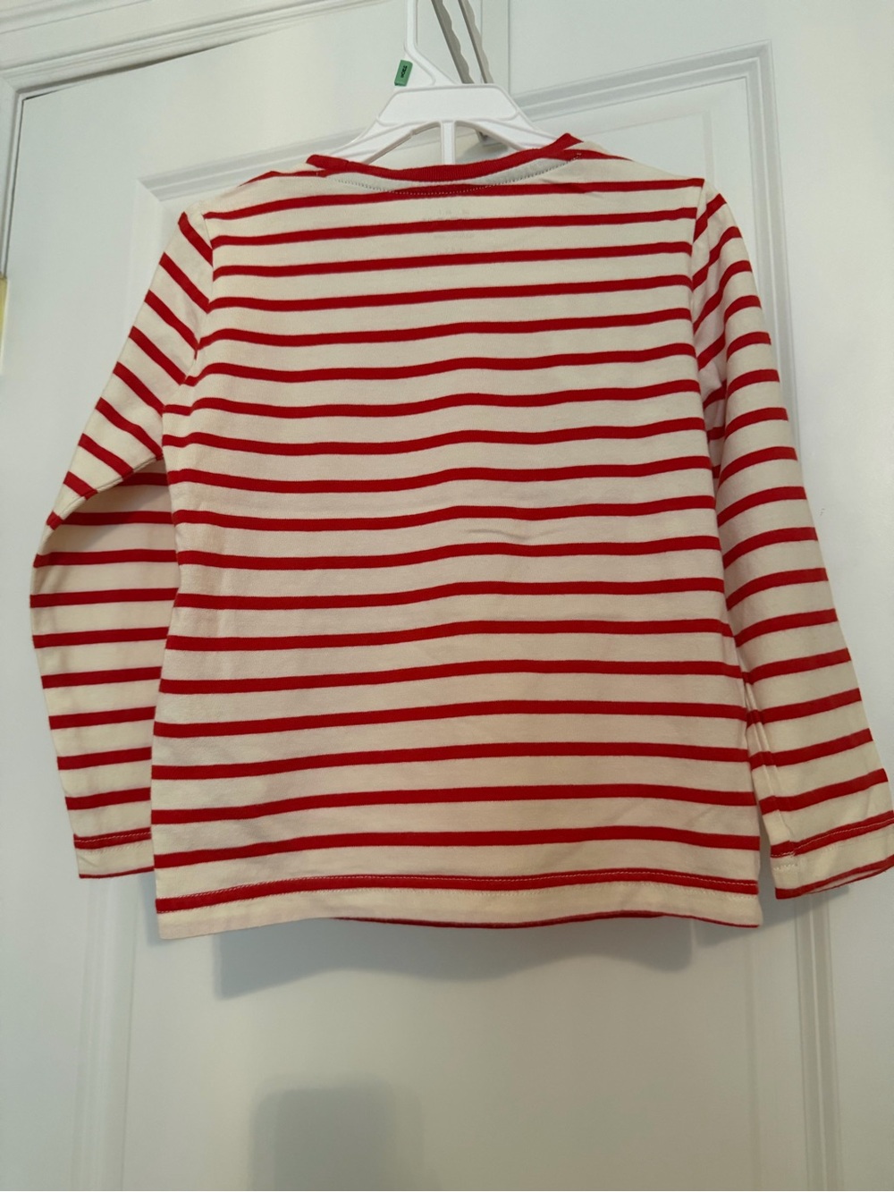 Mini Boden Red and Cream Stripe Long-Sleeve Tee with Navy Dino Applique - Picture 2 of 5